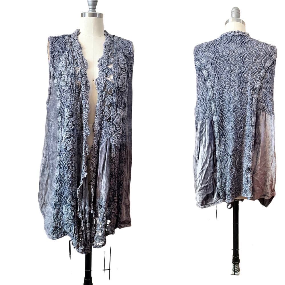 VTG Chorisia Italy Lace Women's Vest Gray Velvet Crochet Boho Duster Size S/M